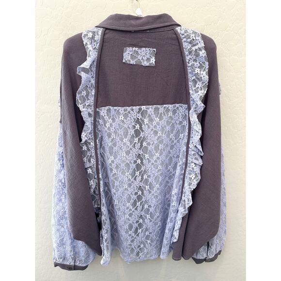 POL | Boho Lavender Lace Button Up Shirt Ruffle Trim Sheer Romantic Top | Large - Picture 6 of 9